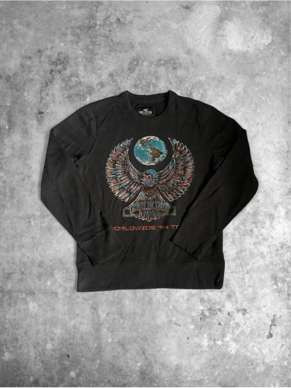 Hollister Black Crewneck Sweatshirt with Globe & Winged Skull Graphic